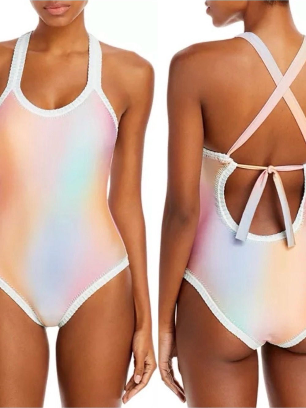 PQ Swim Platinum Golden Hour Crochet Trim Rainbow One piece Swimsuit Size Medium